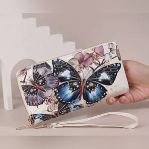 Blue Butterfly Floral Wallet Wristlet | Zip Around Clutch Purse, T11MIS